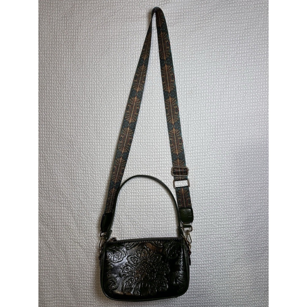Green Embossed Floral Crossbody Shoulder Bag Removable Strap Boho Western Purse